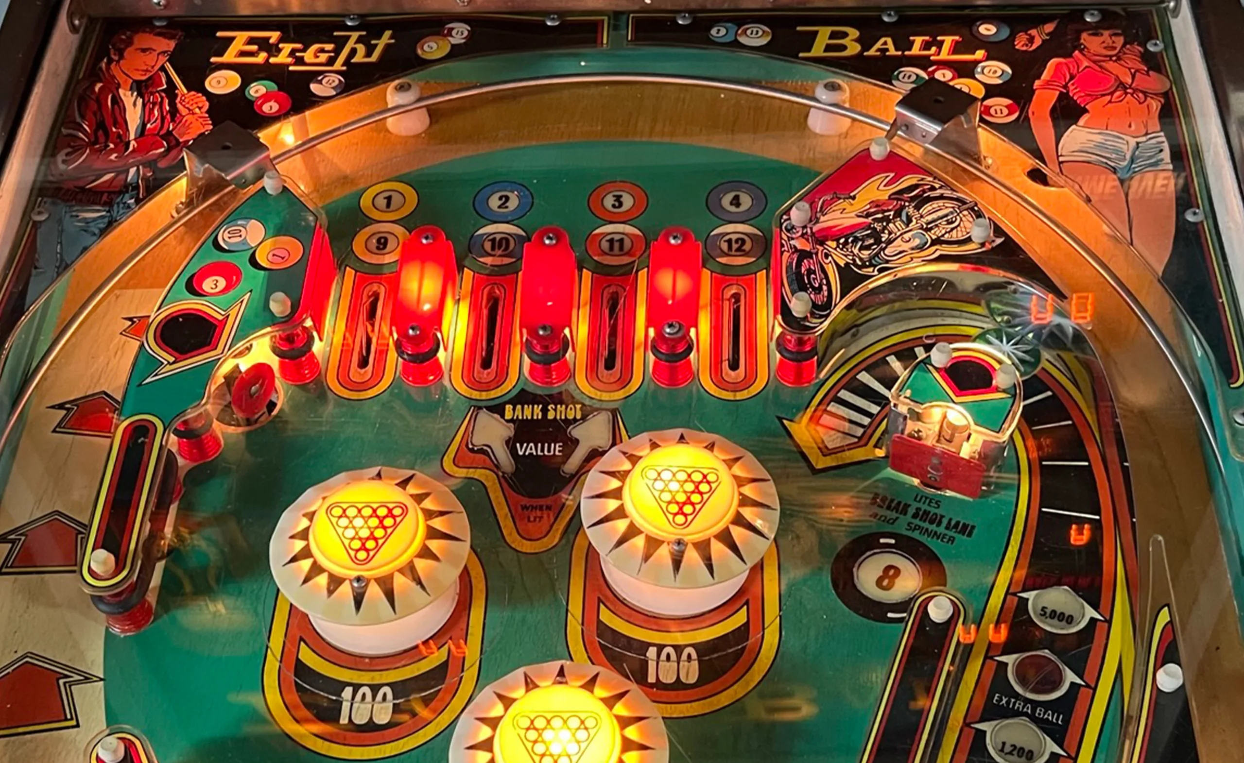 Eight Ball flipperkast (Bally, 1977) te huren - speelveld en backbox