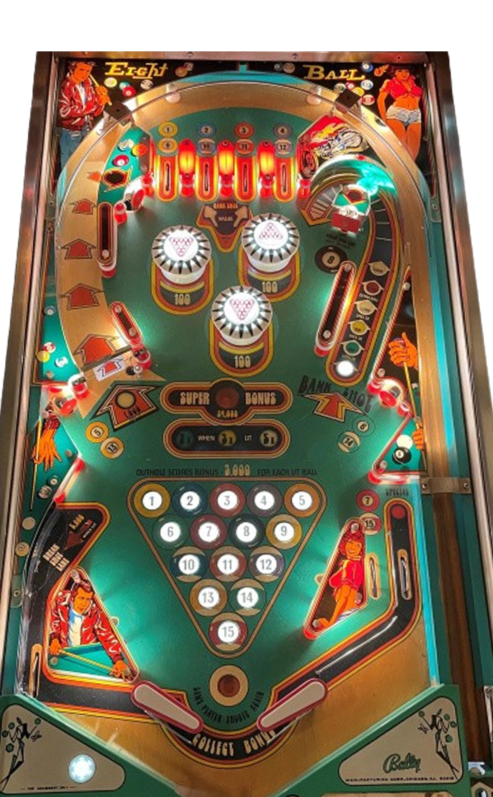 Bovenaanzicht van het Eight Ball speelveld (Bally, 1977) met ballenrack en pop bumpers