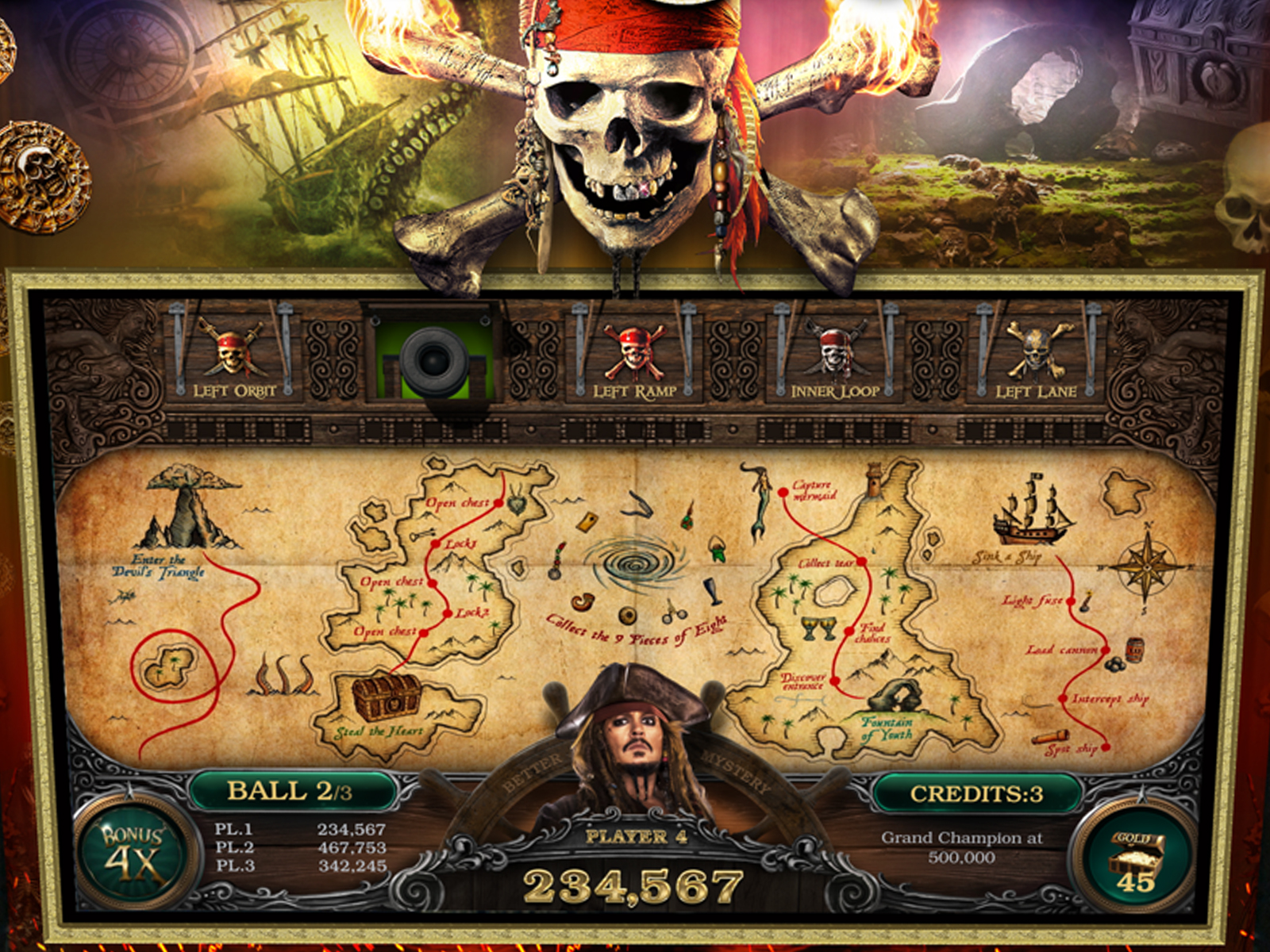 Het 27-inch HD-scherm met filmbeelden op de Pirates of the Caribbean flipperkast