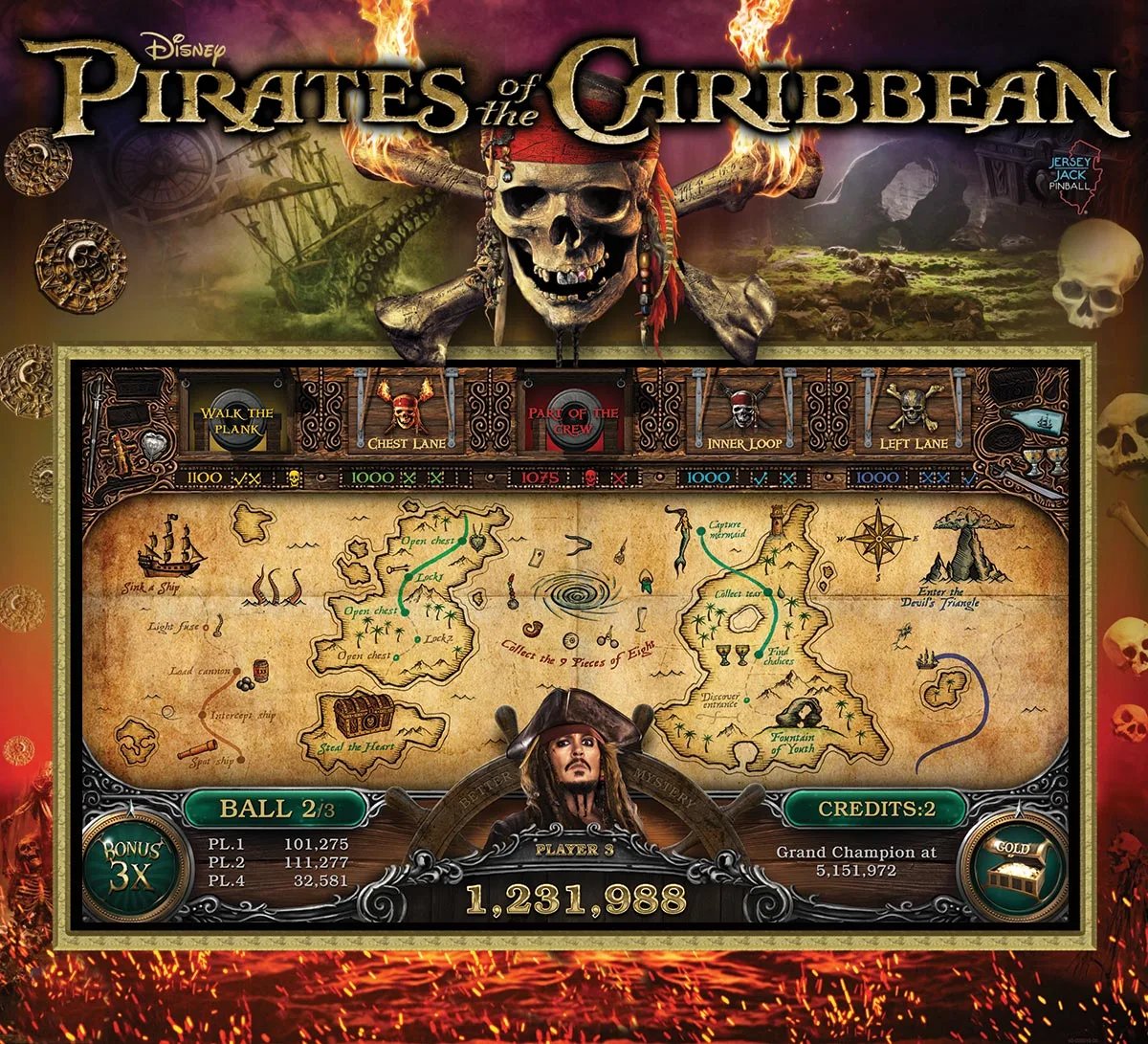 Jersey Jack Pirates of the Caribbean flipperkast te huren - speelveld met piratenschip