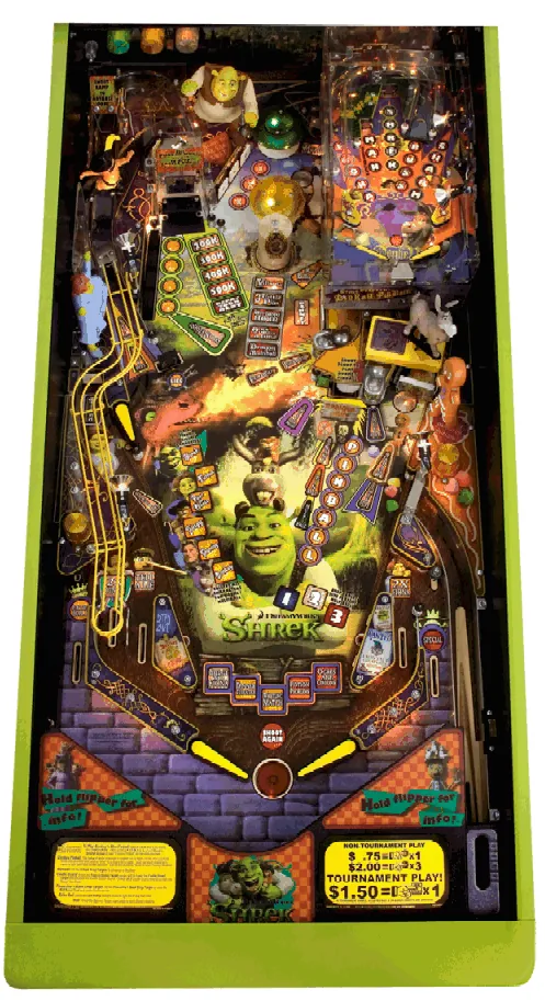 Bovenaanzicht van het Stern Shrek speelveld met Shrek, Donkey en Gingy