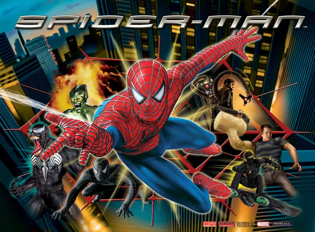 Stern Spider-Man flipperkast te huren - speelveld met de vier schurken
