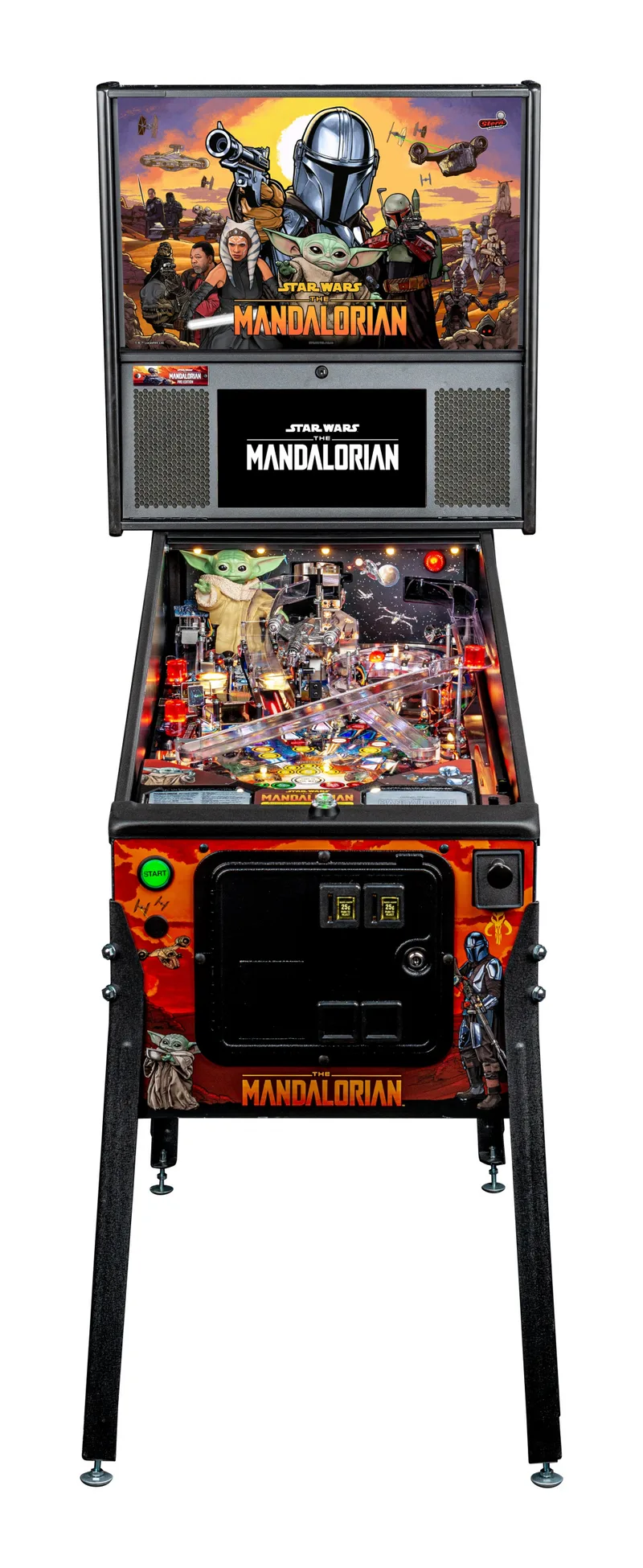 Stern The Mandalorian flipperkast - vooraanzicht met backbox en speelveld