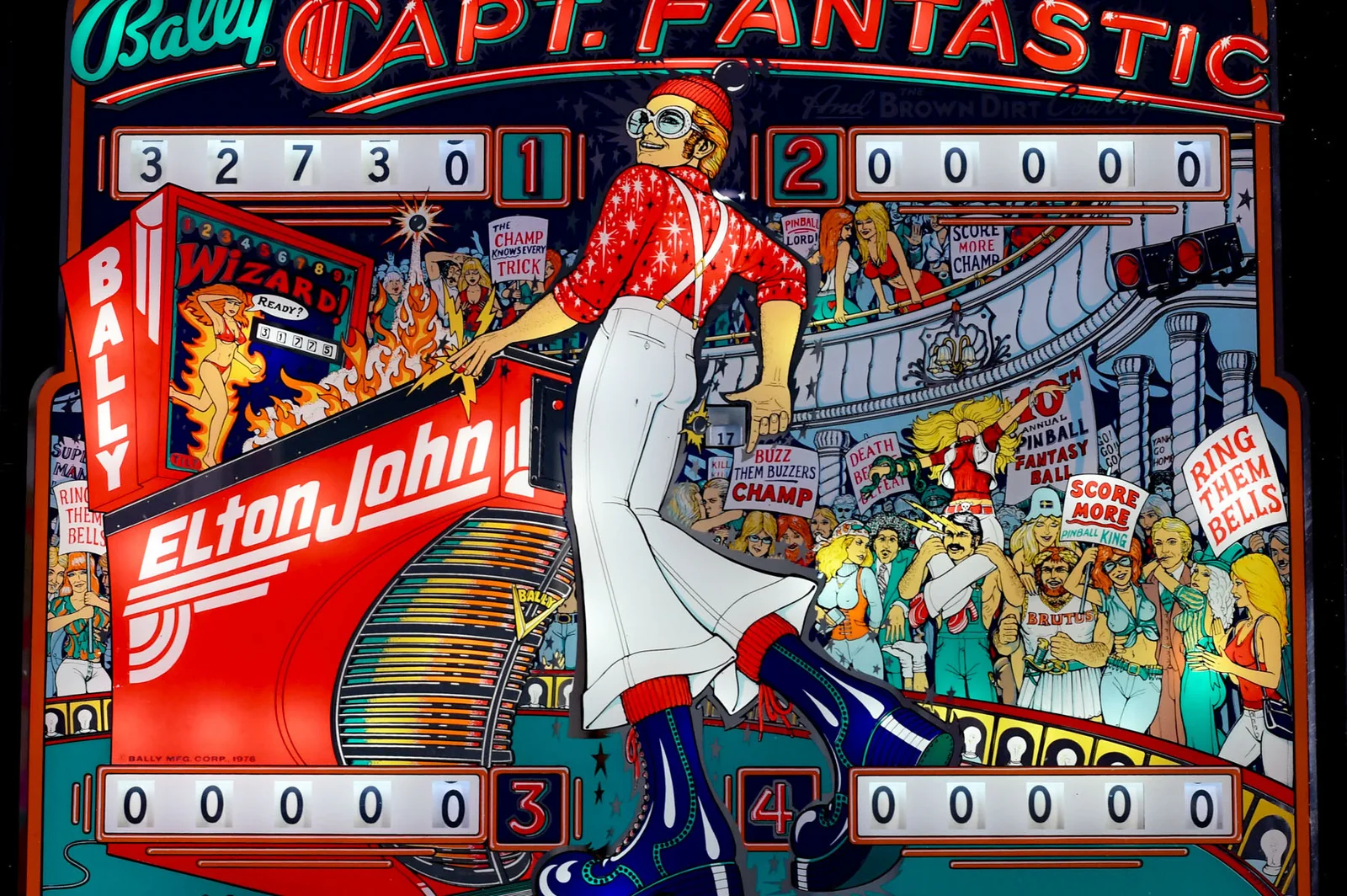 Capt. Fantastic flipperkast (Bally, 1976) te huren - backglass met Elton John