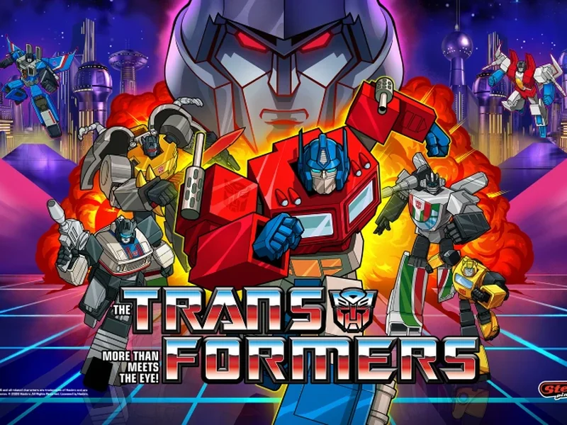 De artwork van de Transformers flipperkast met Optimus Prime en Megatron